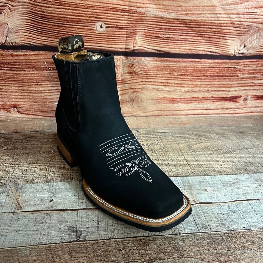 Men's Western Cowboy Handmade Genuine Nubuck Black Leather Half Boots Rubber Sol - Picture 3 of 8
